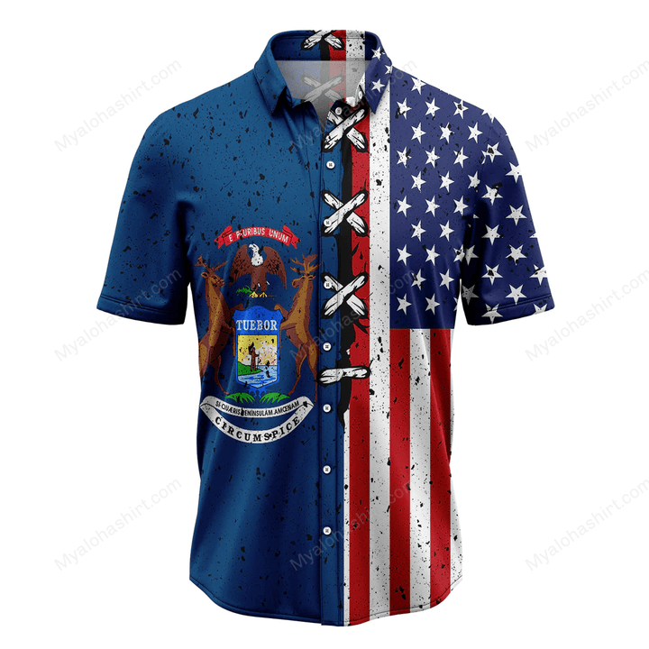 Michigan And American Flag Hawaiian Shirt
