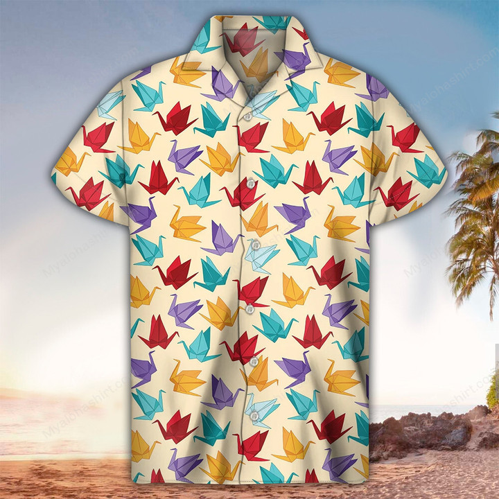 Origami Button Down Shirt, Origami Shirts, Colorful Paper Cranes Pattern
