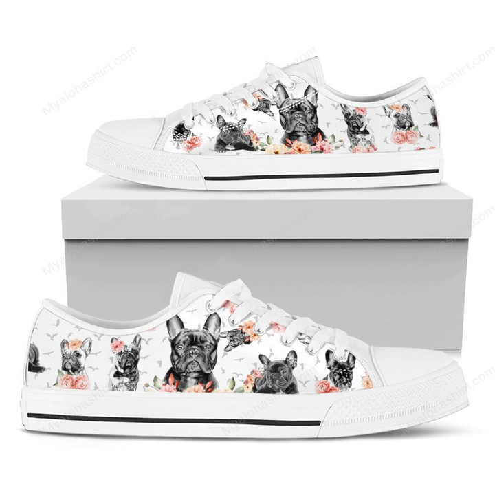 French Bulldog With Flower Print White Low Top Shoes