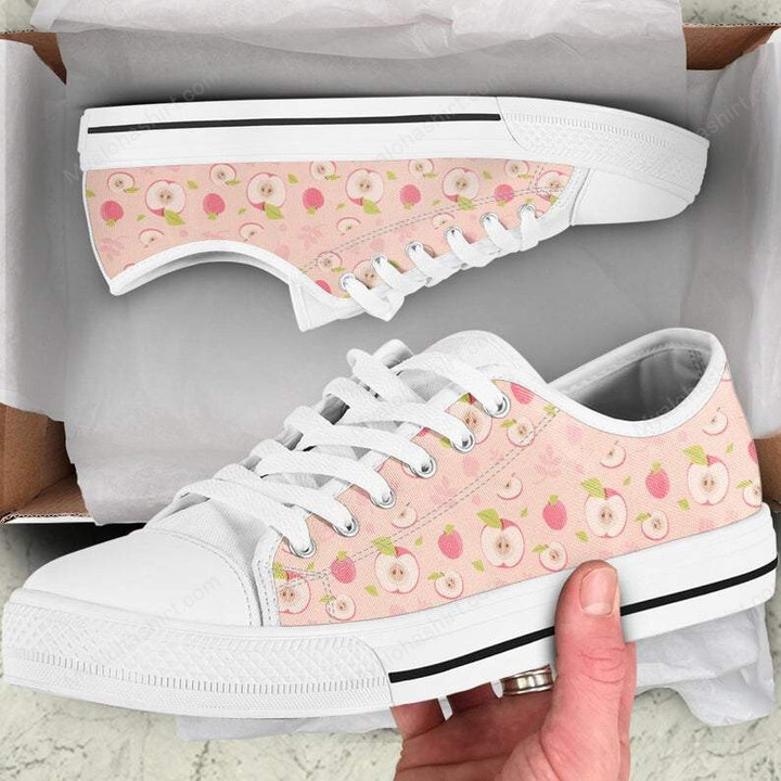 Apple Fruit Pattern Seamless Pink Print White Low Top Shoes