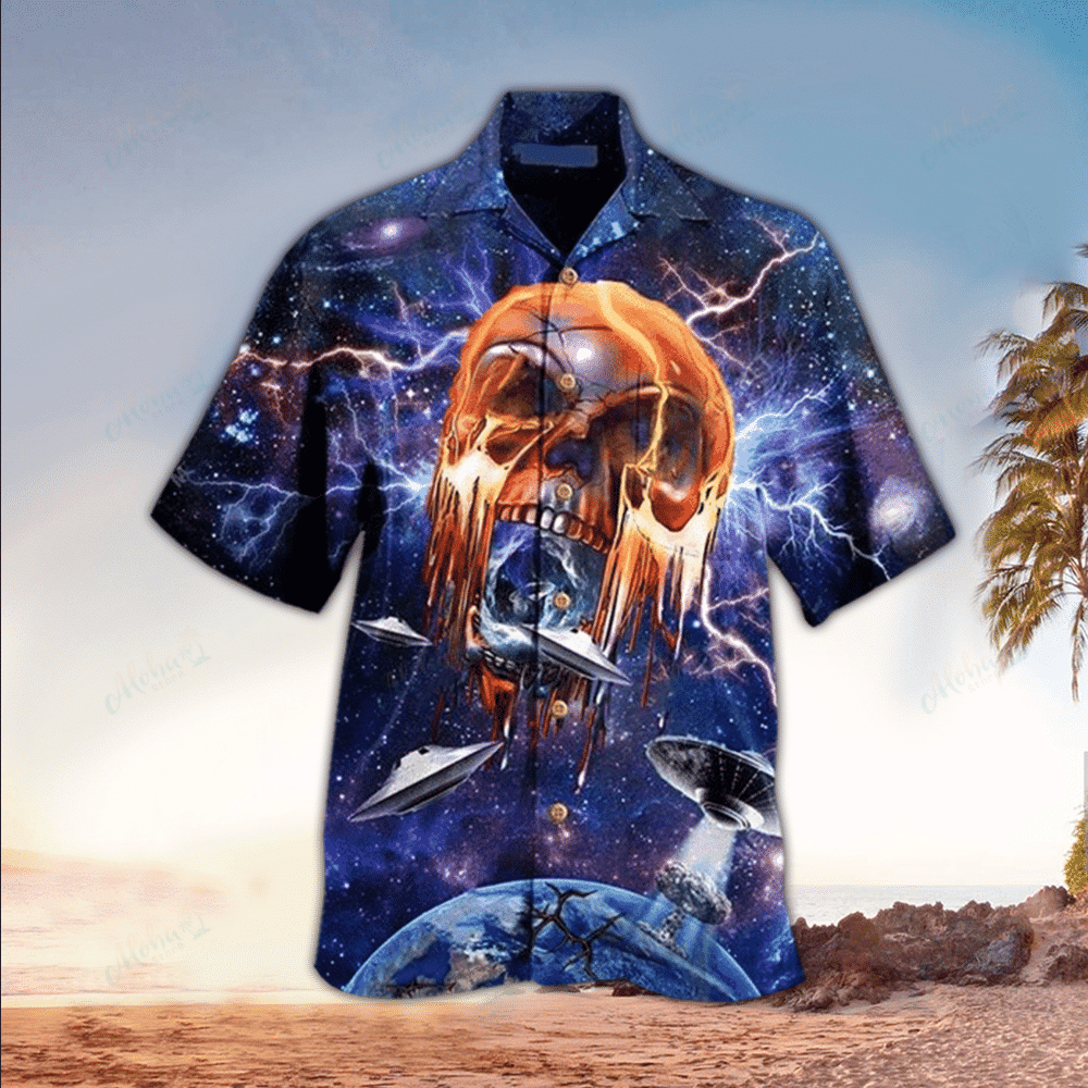 Alien Hawaiian Shirt, Flaming Alien Skull - Myalohashirt.com