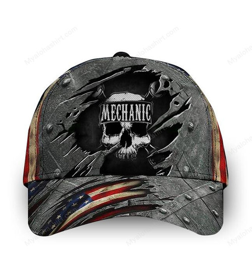 Skull Mechanic U.S Flag Hat 3D Printed Vintage Mens Cap For Mechanic Dad Gift Idea