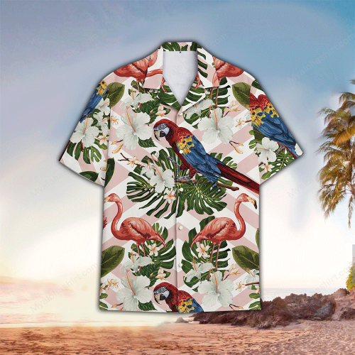 Parrot Combined Hibiscus Flower, Frangipani Flower & Forest Banana Leaves Hawaiian Shirt