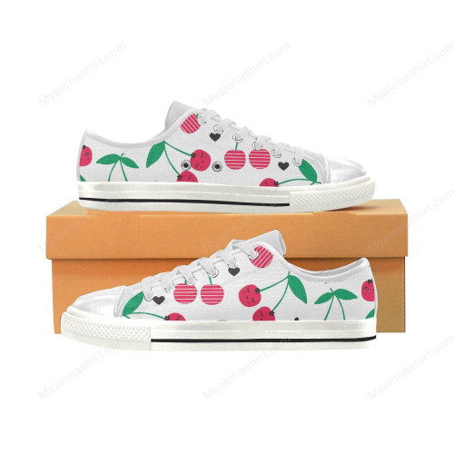 Cute Cherry Pattern On White Background Print White Low Top Shoes