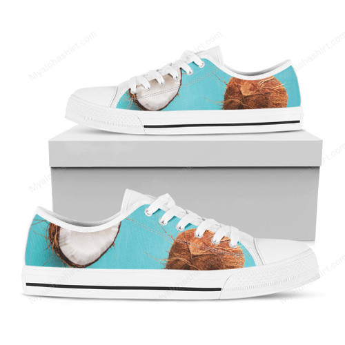 Coconut Pattern Blue Background Print White Low Top Shoes