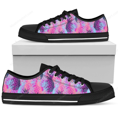 Neon Trippy Pineapple Pattern Print Black Low Top Shoes