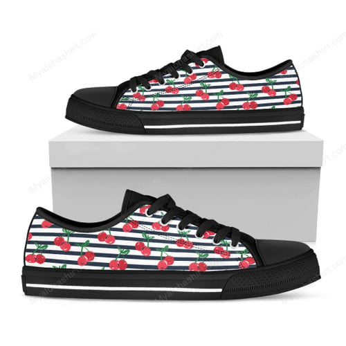 Cherry Pattern On Striped Background Print Black Low Top Shoes