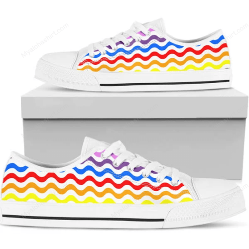 Rainbow Wave Stripes Pattern Print White Low Top Shoes