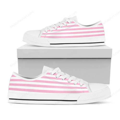 Pink And White Stripes Pattern Print White Low Top Shoes