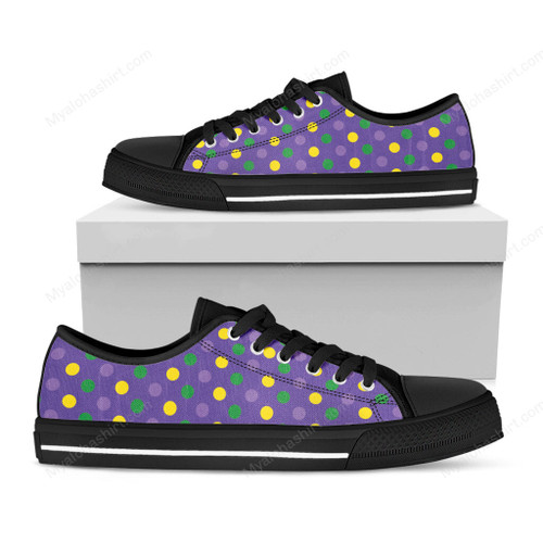 Mardi Gras Polka Dots Pattern Print Black Low Top Shoes