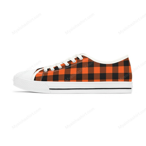 Orange And Black Plaid Pattern Print White Low Top Shoes