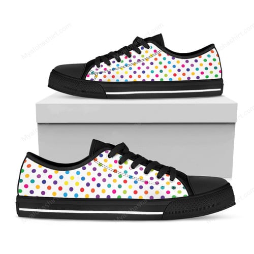 Colorful Polka Dots Pattern White Background Print Black Low Top Shoes