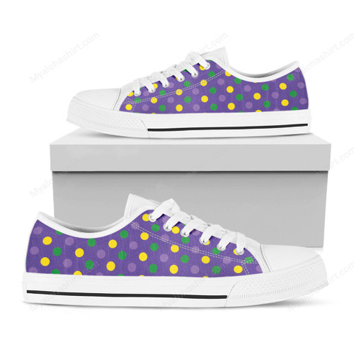 Mardi Gras Polka Dots Pattern Print White Low Top Shoes