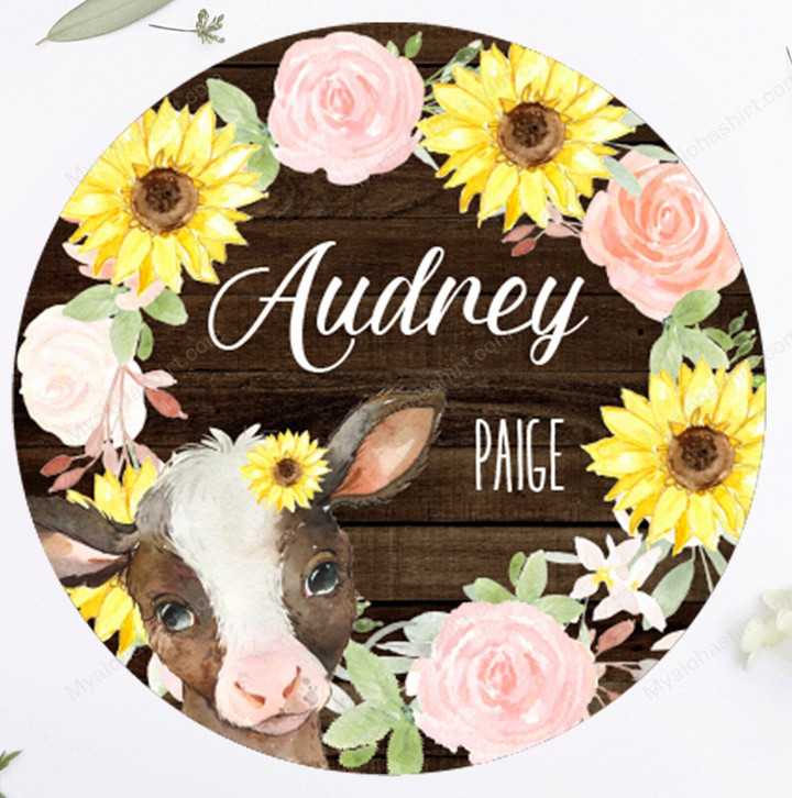 Personalized Cow Round Wooden Sign With Flowers