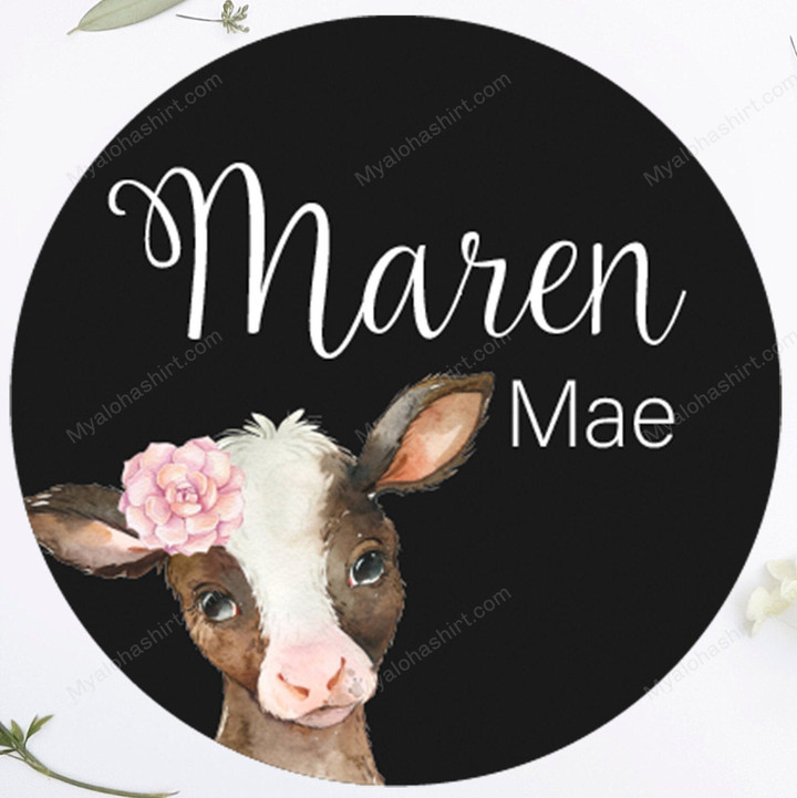 Personalized Cow Name Round Wood Sign For Baby Girl