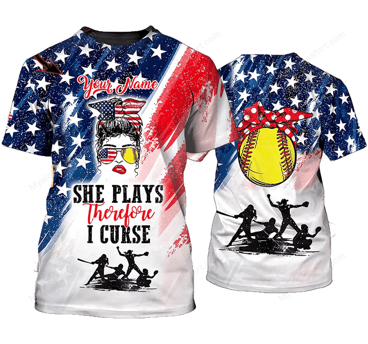 Personalized Softball She Plays Therefore I Curse American Flag T-shirt