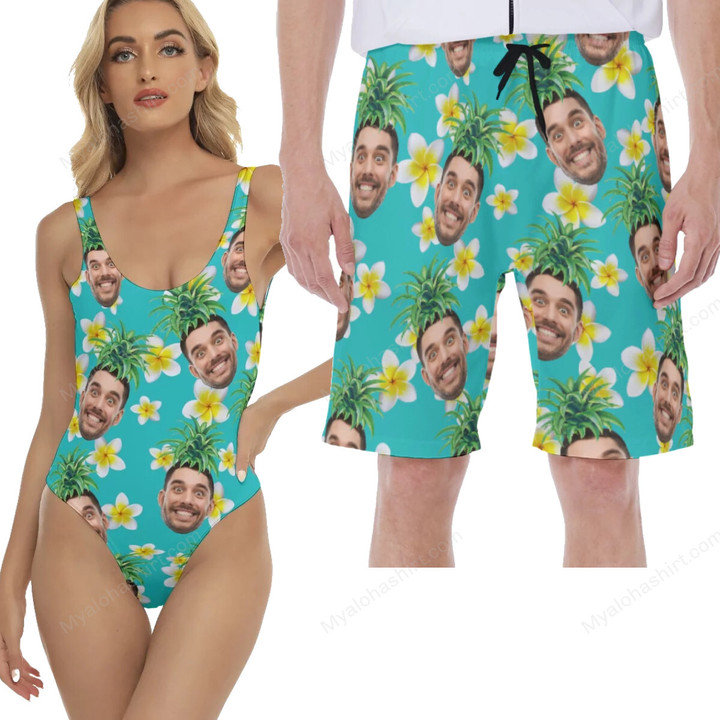 Custom Face Couples Matching Swimwear Swimsuits Swimming Trunks, Pineapple Swimsuitm, Pineapple Hawaiian Short