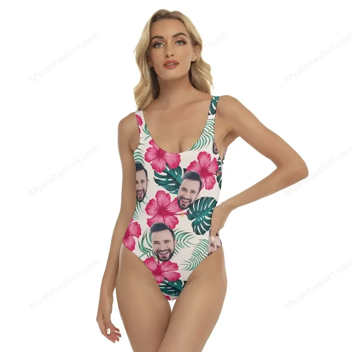 Custom Face Couple Matching Swimsuit , Tropical Hibiscus Swimsuit, Funny Swimwear