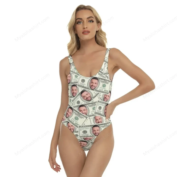Custom Face Swimsuit, Custom Face on Dollars Swimsuit, Funy Women’s Hawaiian One Piece Swimsuit