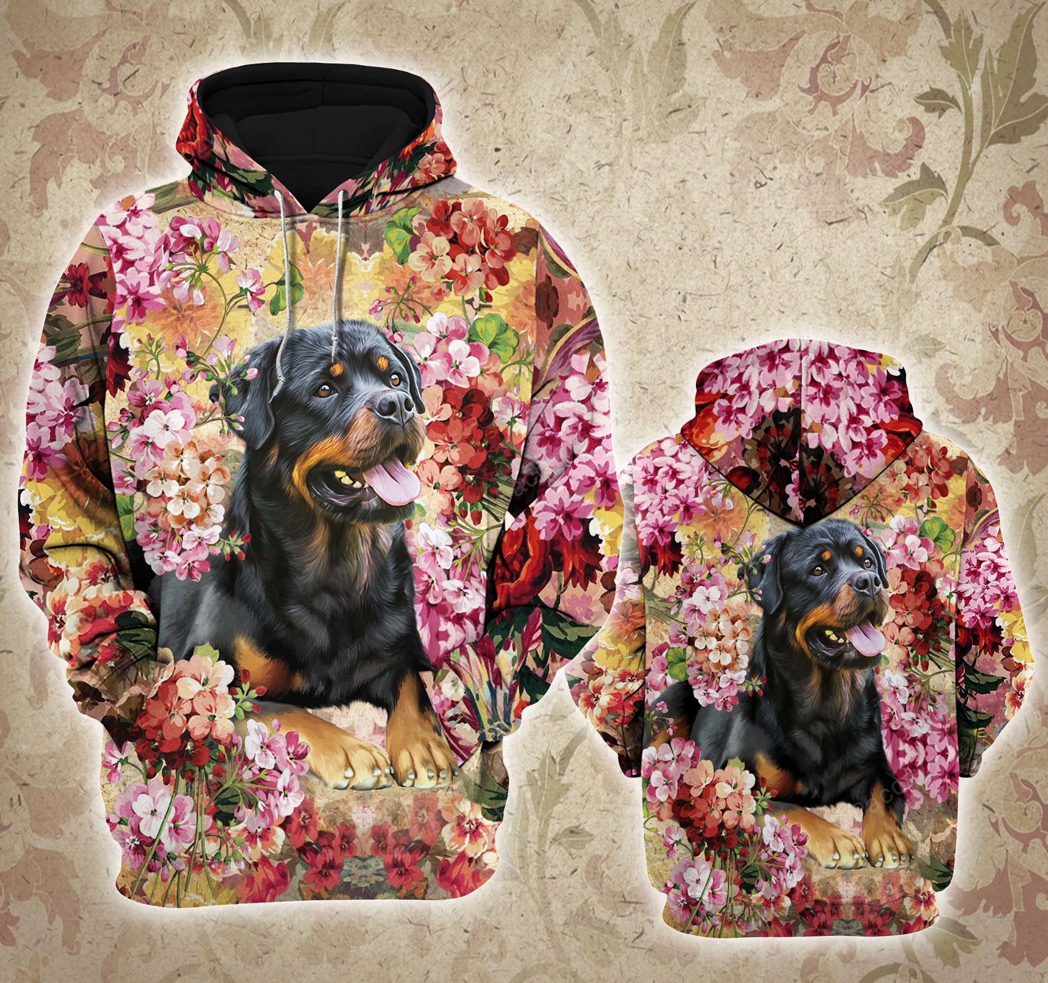 Rottweiler Flora Pattern All Over Printed Unisex Shirts