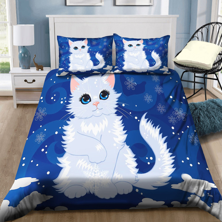 Lovely White Cat In Snow Merry Christmas Bedding Set MH03157846