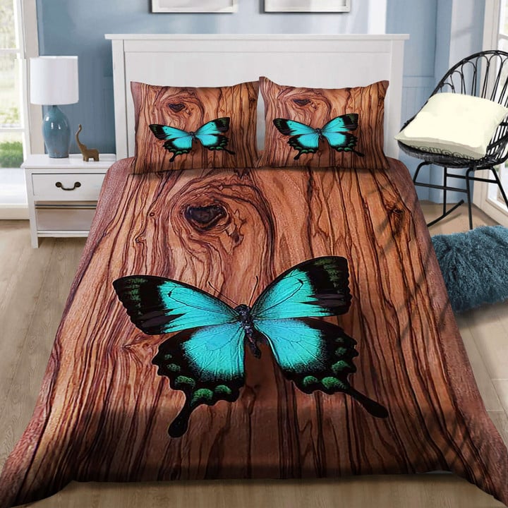 Blue Butterfly On Wood Grain Bedding Set MH03159696