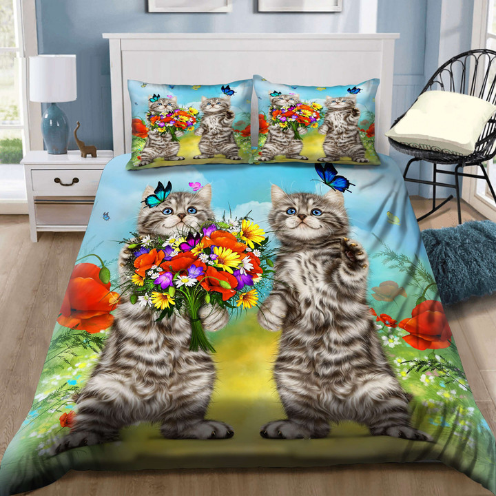 Two Little Cats Playing With Flowers And Butterflies Bedding Set MH03159453