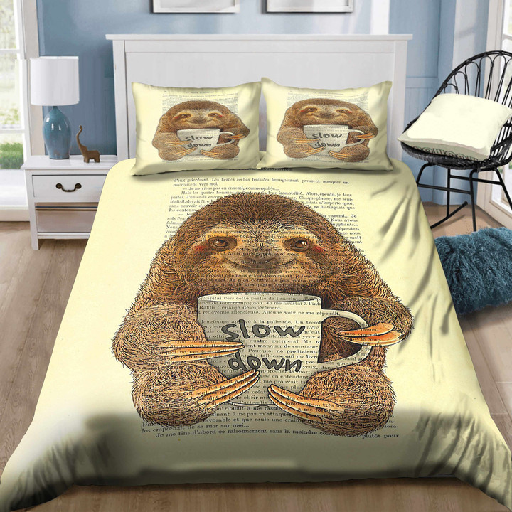Cute Baby Sloth With Coffee Mug Slow Down Quote Bedding Set MH03159417
