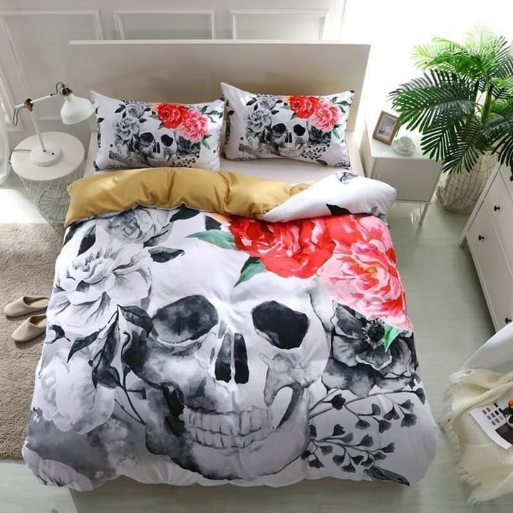 3d Rose Flowers Skull Cotton Bed Sheets Spread Comforter Duvet Bedding Sets BDN229384