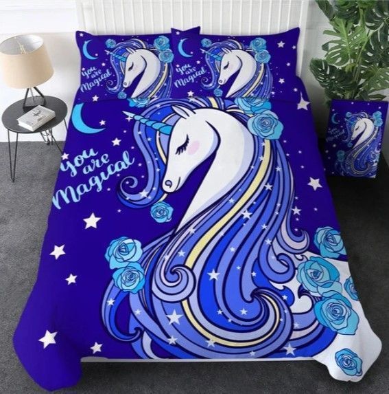 3D Cartoon Unicorn Floral Blue You Are Magical Cotton Bed Sheets Spread Comforter Duvet Bedding Sets BDN229384