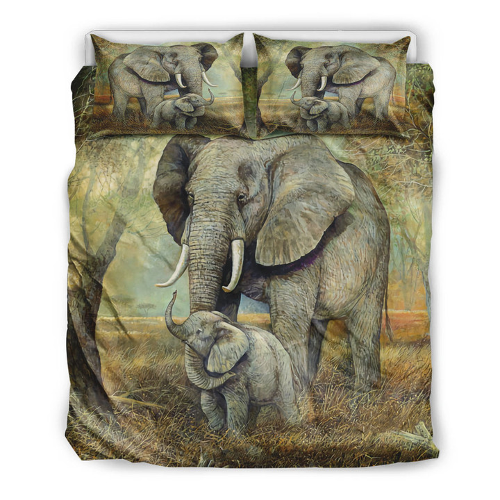 3D Elephant Mom And Baby In The Forest Painting Cotton Bed Sheets Spread Comforter Duvet Bedding Sets BDN229384