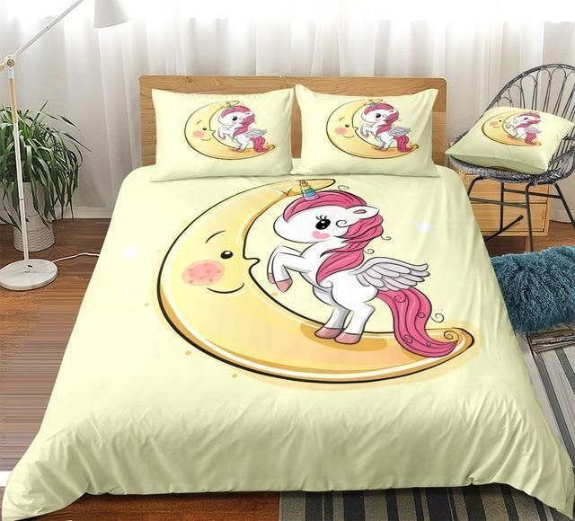 3D Cute Unicorn On The Moon Cotton Bed Sheets Spread Comforter Duvet Bedding Sets BDN229384