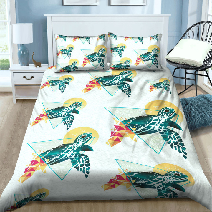 3D Turtle On Triangle Pattern Cotton Bed Sheets Spread Comforter Duvet Bedding Sets BDN229384
