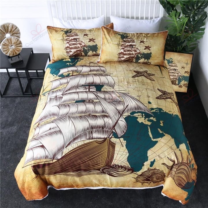 Classic Sailing Ship Nautical Map Duvet Cover And Pillowcases Bedding Sets BDN264205
