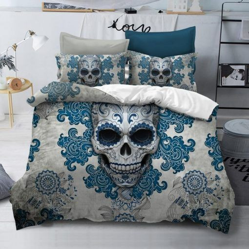 Skull Blue Flowers Bedding Sets BDN267094