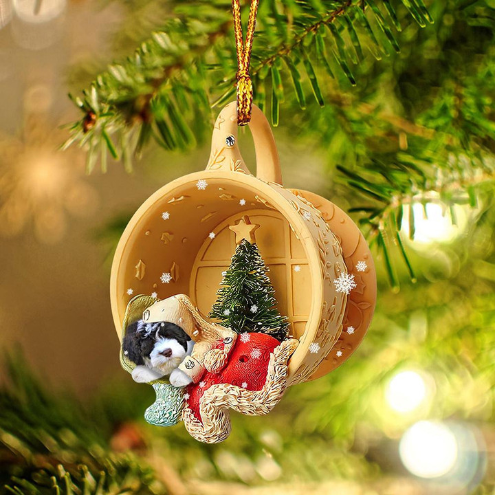 Water Dog Sleeping in a tiny cup Christmas Holiday-Two Sided Ornament