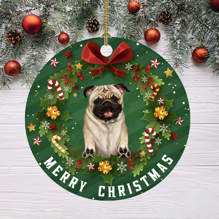 Ceramic Dog Christmas Ornament-Pug (Fawn) Hanging Ornament
