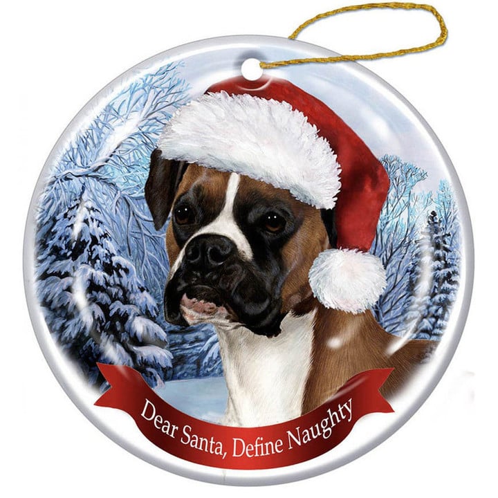Boxer (Uncropped) Fawn Santa Hat Porcelain Christmas Ornament
