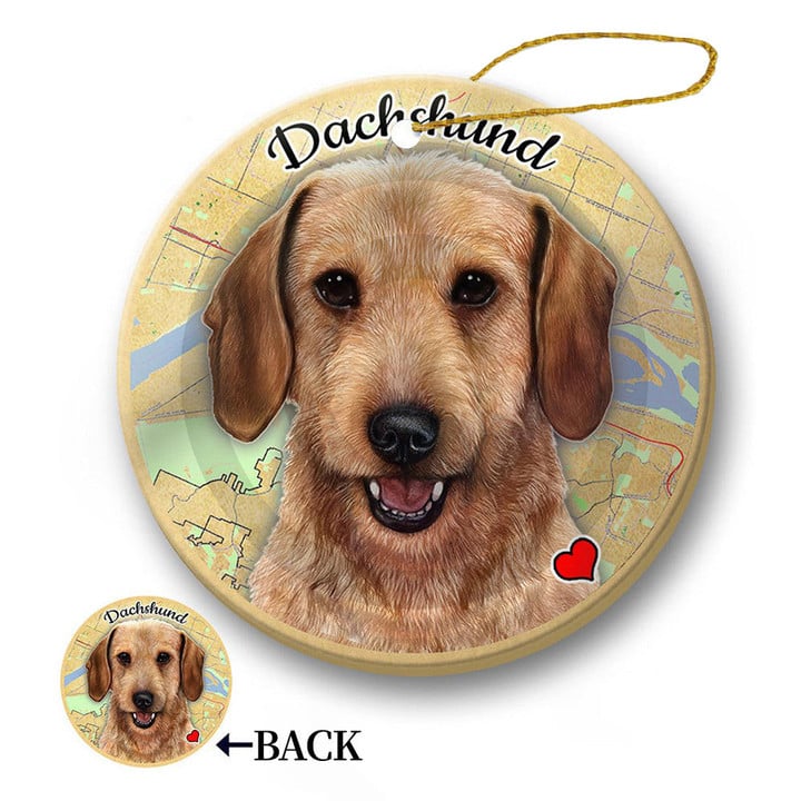 Map dog Ornament-Dachshund (Wirehair Wheaten) Porcelain Hanging Ornament