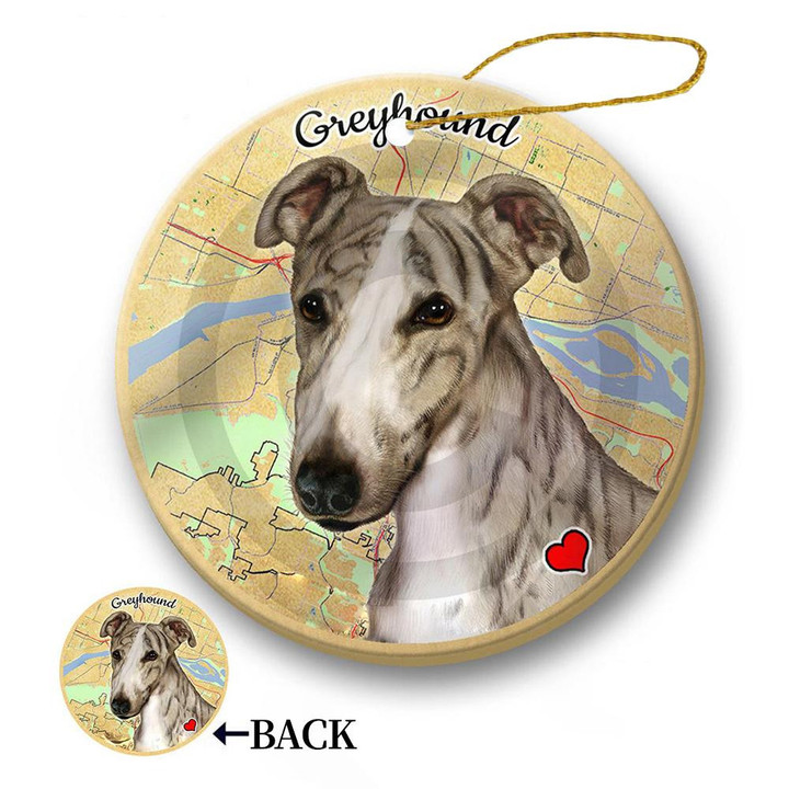 Map dog Ornament-Greyhound (Brindle, Fawn) Porcelain Hanging Ornament