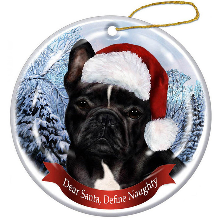 French Bulldog (Black and White) Santa Hat Porcelain Christmas Ornament