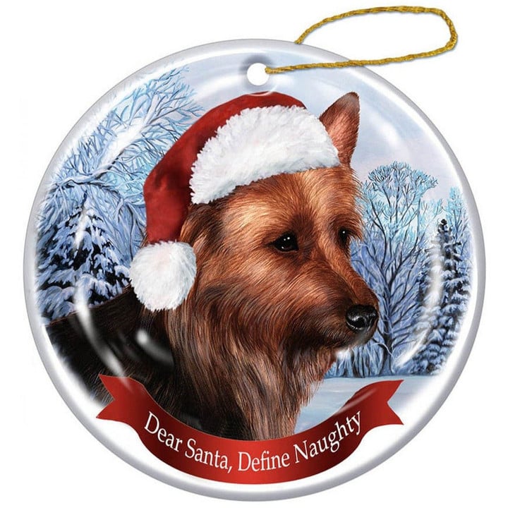 Australian Terrier Santa Hat Porcelain Christmas Ornament
