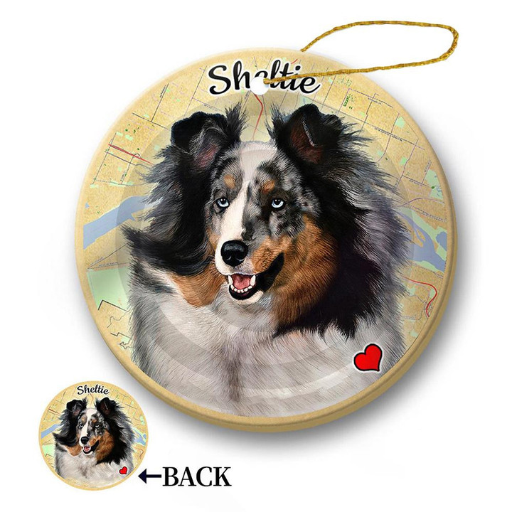 Map dog Ornament-Sheltie (Blue Merle) Porcelain Hanging Ornament