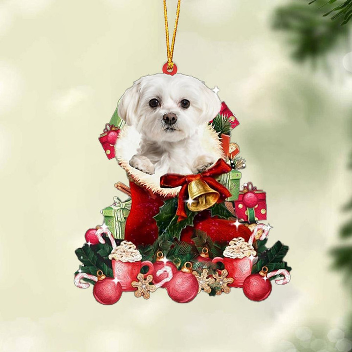WHITE Maltese-Red Boot Hanging Ornament