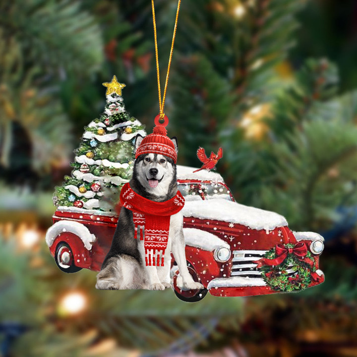 Siberian Husky-Christmas Car Two Sided Ornament