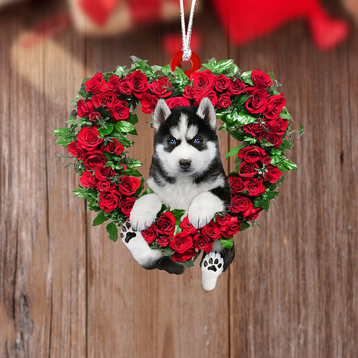 Husky-Heart Wreath Two Sides Ornament