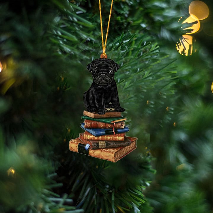 Black Pug-Sit On The Book Two Sides Ornament