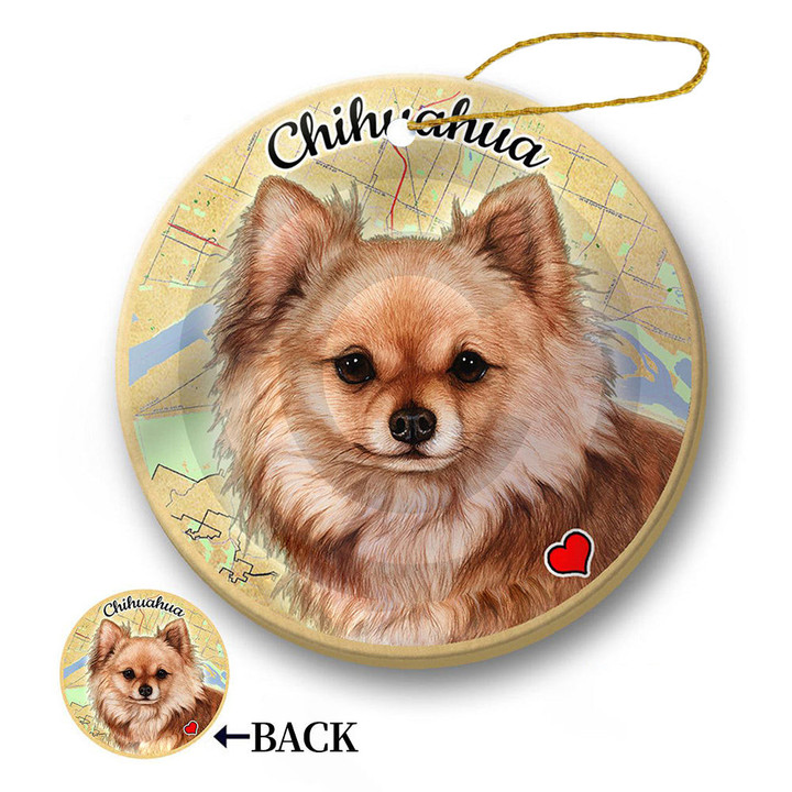 Map dog Ornament-Chihuahua (Long Hair Red) Porcelain Hanging Ornament