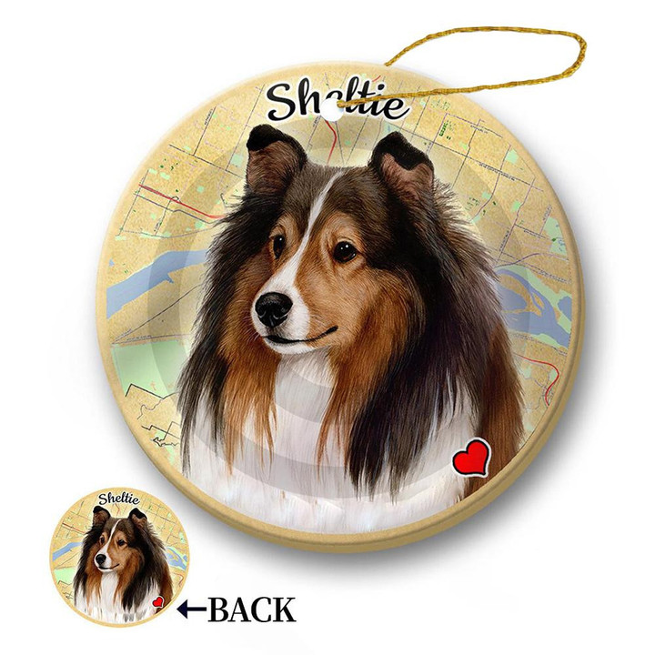 Map dog Ornament-Sheltie Pet Porcelain Hanging Ornament