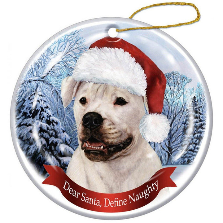 American Bulldog White Santa Hat Porcelain Christmas Ornament